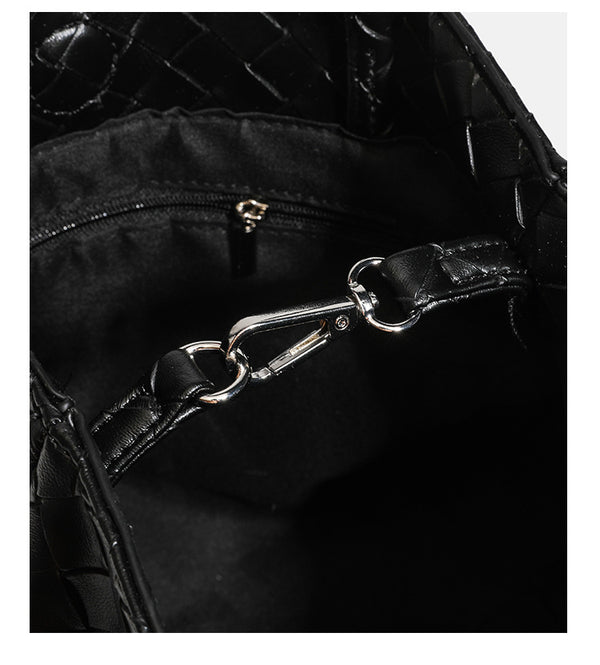 Glossy basket-weave leather-look shoulder tote bag with long braided straps and open top, detail view 19