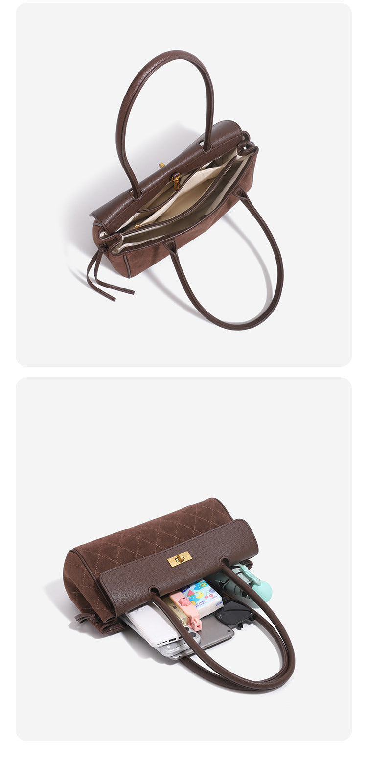 Structured rectangular baguette shoulder bag with diamond quilted lower panel, smooth flap, gold-tone turn-lock closure