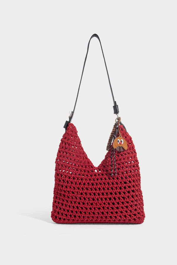 Slouchy open-knit crochet hobo tote bag with leather-look top handle and metal buckle hardware, detail view 33