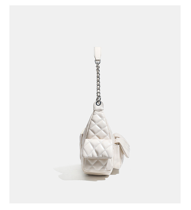 Off-white quilted leather-look hobo shoulder bag with diamond stitching, chain-and-strap handle, two front flap pockets