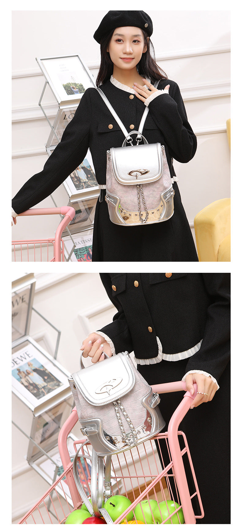 Croc-embossed mini backpack handbag with metallic silver flap, turn-lock closure, chain front detail, and top handle, detail