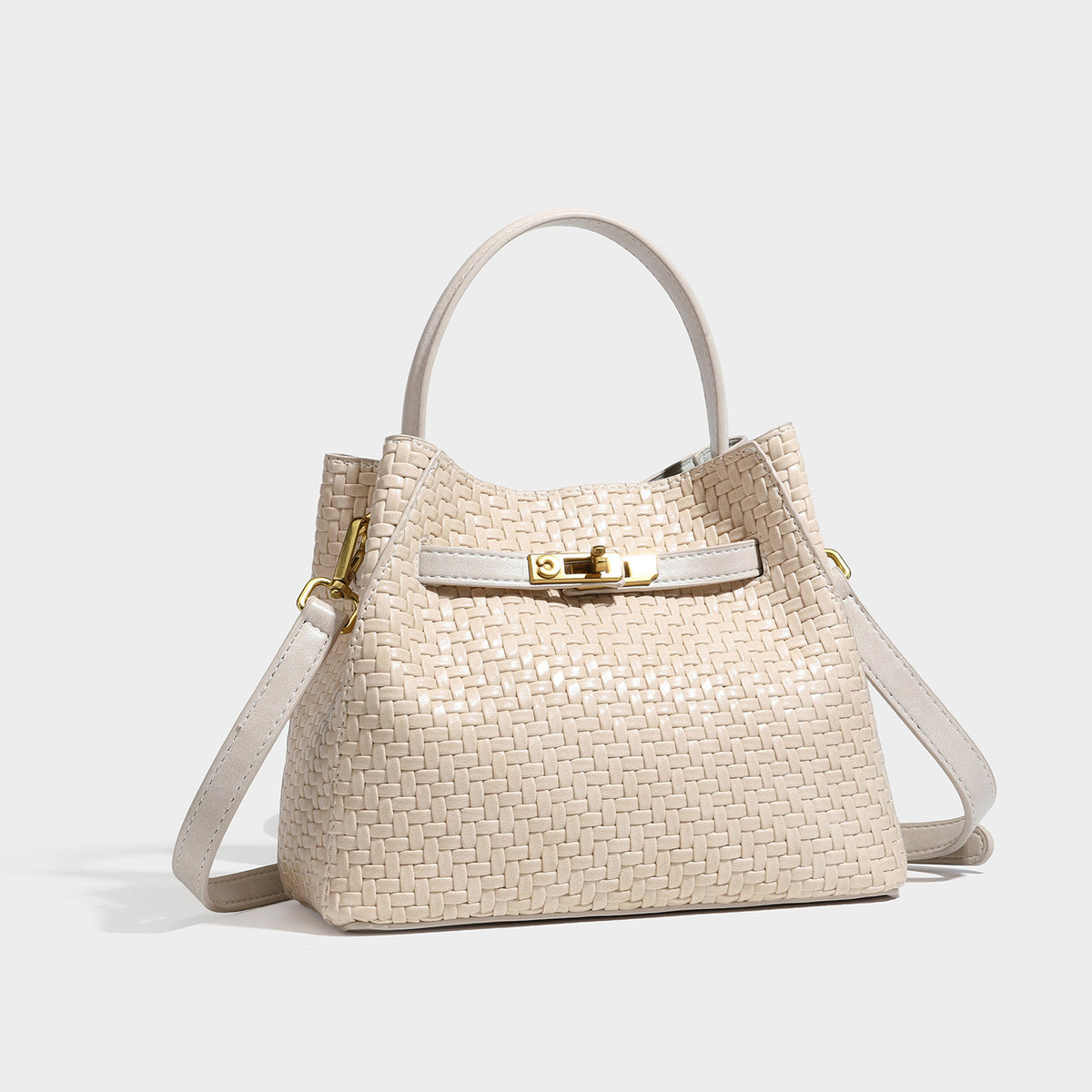 Structured woven leather-look bucket bag with gold-tone turn-lock hardware and detachable shoulder strap, detail view 6