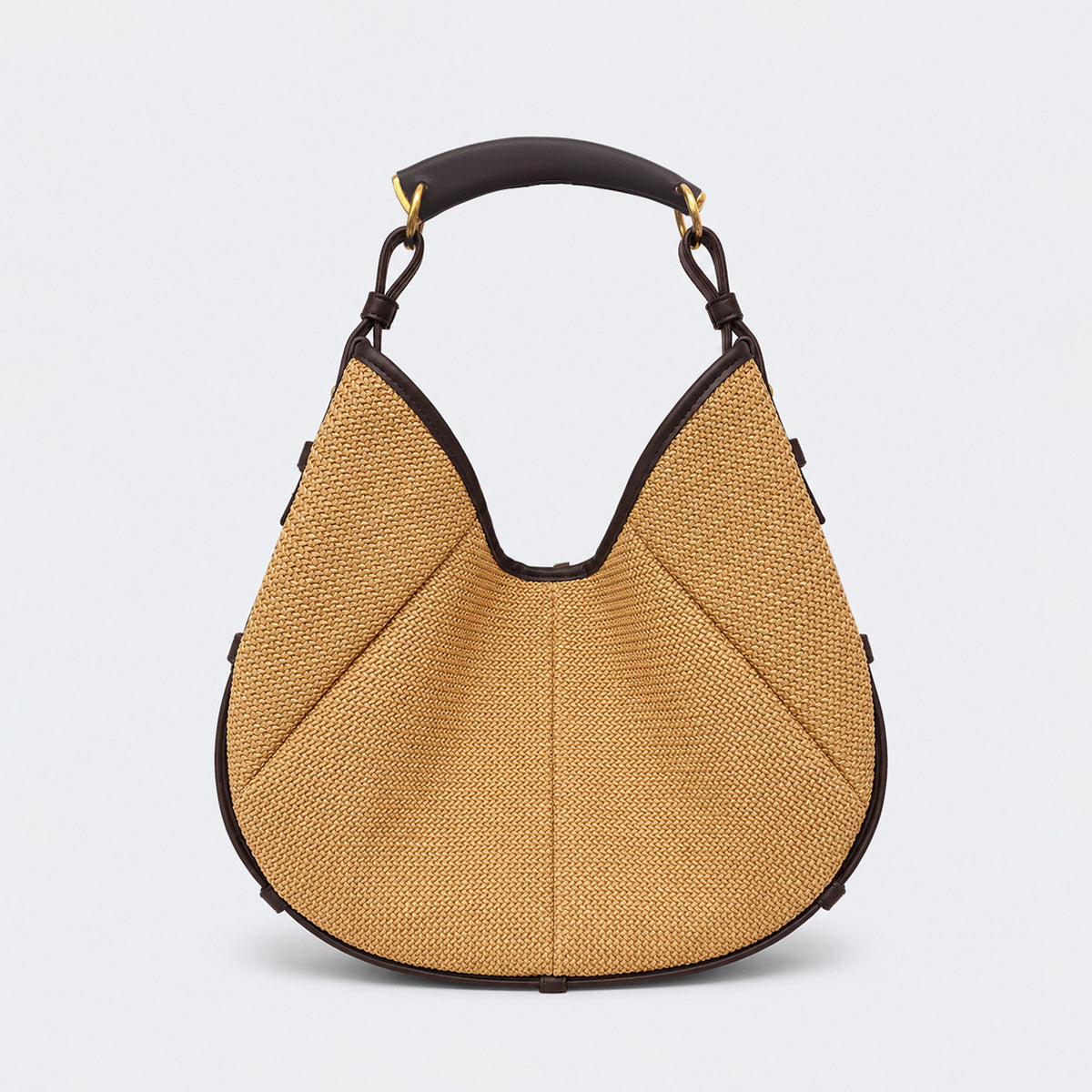 Crescent half-moon hobo bag with woven straw body, leather-look trim, and gold-tone ring hardware, detail view 7