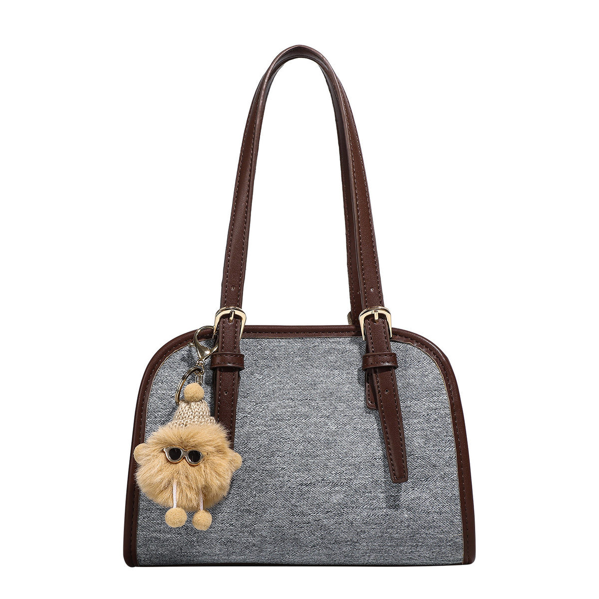 Small structured grey fabric shoulder bag with brown leather-look trim, gold-tone hardware, dual top handles, and detachable