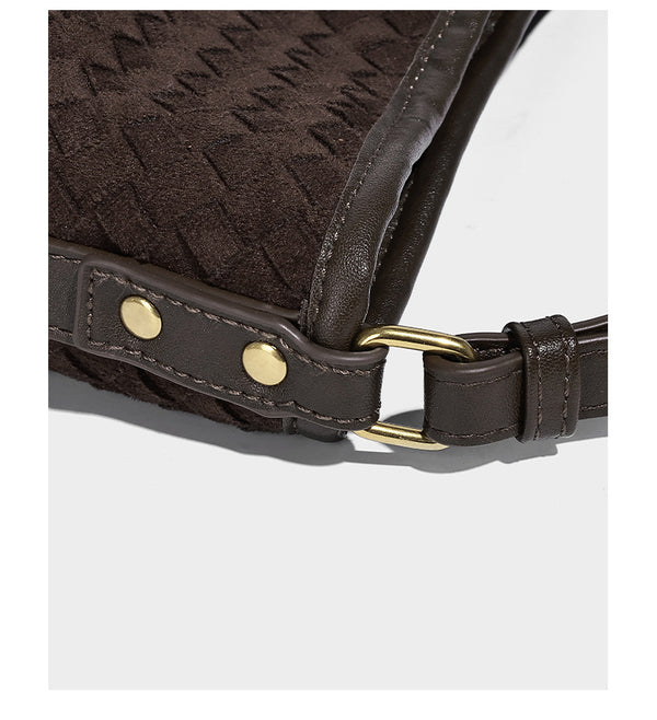 Dark chocolate woven texture hobo shoulder bag with multicolor tassel-and-bead charm and long adjustable strap, detail view