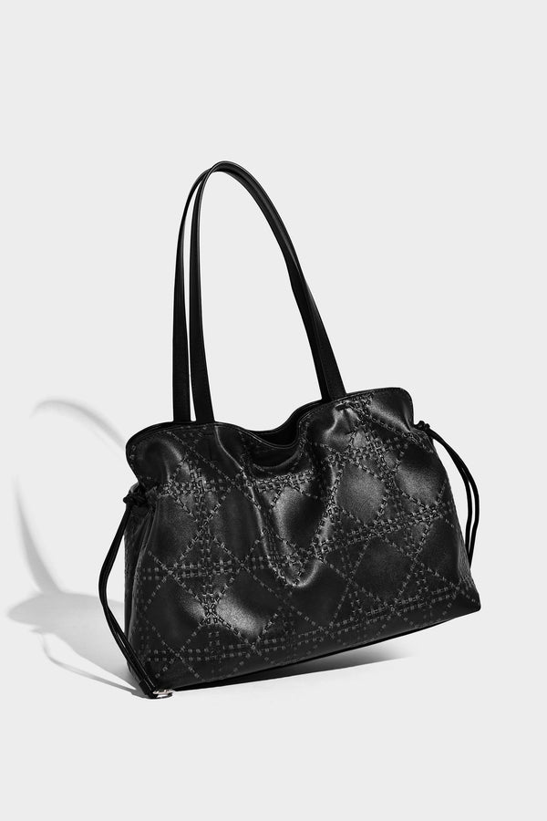 Große Tote-Schultertasche aus geprägtem Lederimitat in Elfenbein-Creme mit zwei langen Riemen, seitlicher Kordelraffung und abnehmbarem