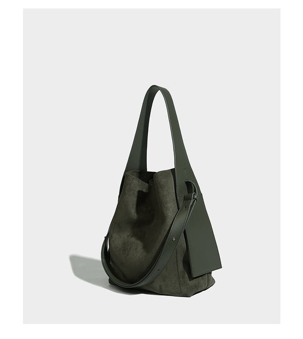 Slouchy suede-finish shoulder tote bag with leather-look trim and long strap, detail view 10
