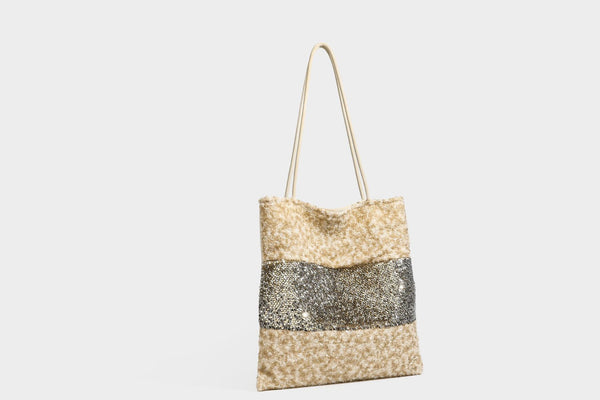 Soft rectangular sequin tote bag with colorblock metallic panels and long slim shoulder straps, detail view 25