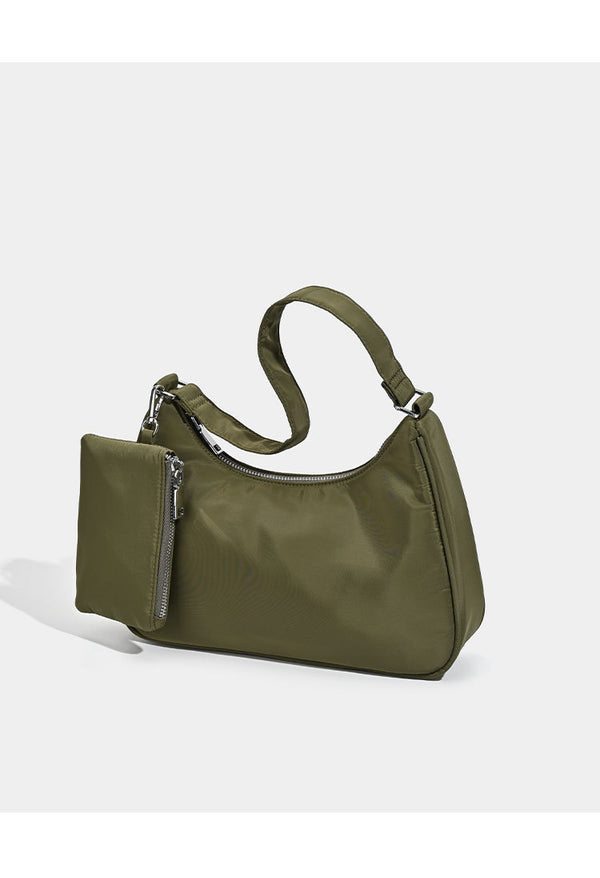 Curved hobo shoulder bag with detachable zip pouch in matte-satin finish with silver-tone hardware, detail view 10