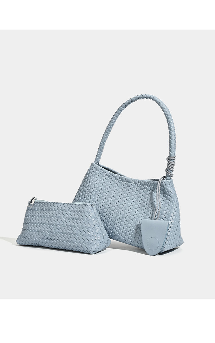 Woven leather-look shoulder bag with braided strap, trapezoidal body, and matching zip pouch, detail view 14