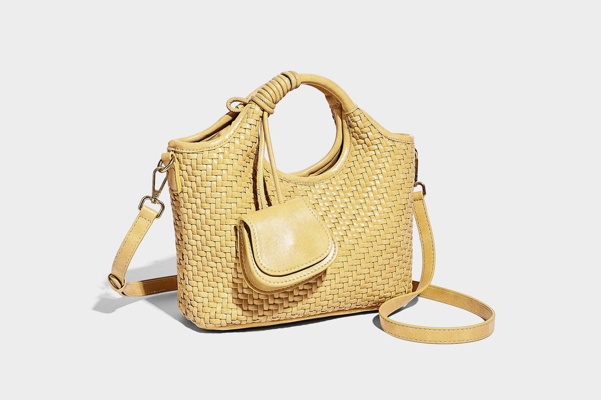 Woven texture tote bag with knotted top handles, attached front mini pouch, and gold-tone hardware, detail view 19