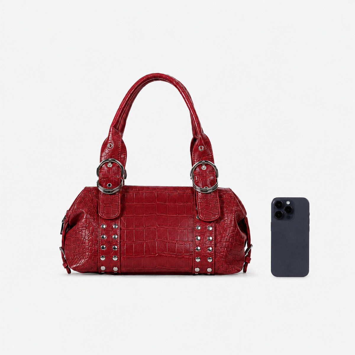 Croc-embossed leather-look barrel satchel bag with silver ring buckle hardware and stud panel trim, detail view 14