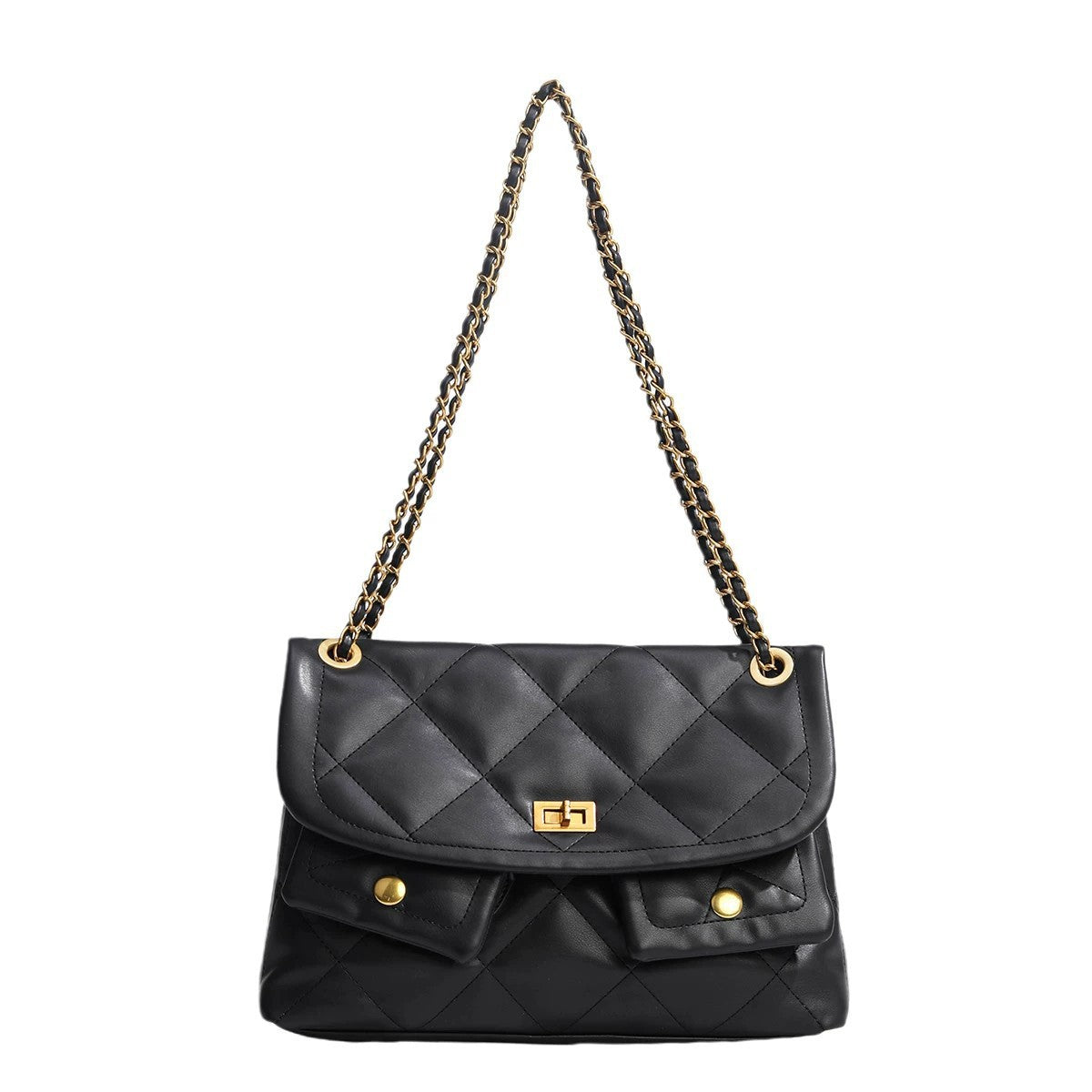 Quilted diamond flap shoulder bag with gold-tone chain strap and twist-lock closure, detail view 5