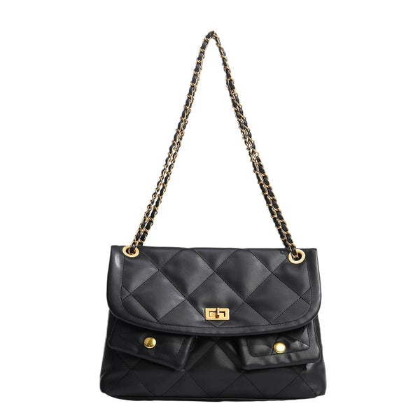 Quilted diamond flap shoulder bag with gold-tone chain strap and twist-lock closure, detail view 5