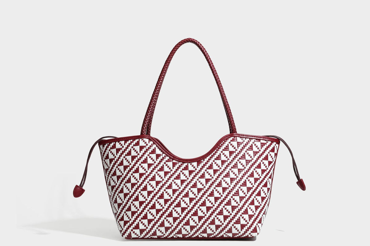 Woven geometric two-tone tote bag with braided shoulder straps and leather-look trim, detail view 34
