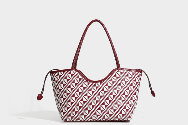 Woven geometric two-tone tote bag with braided shoulder straps and leather-look trim, detail view 34