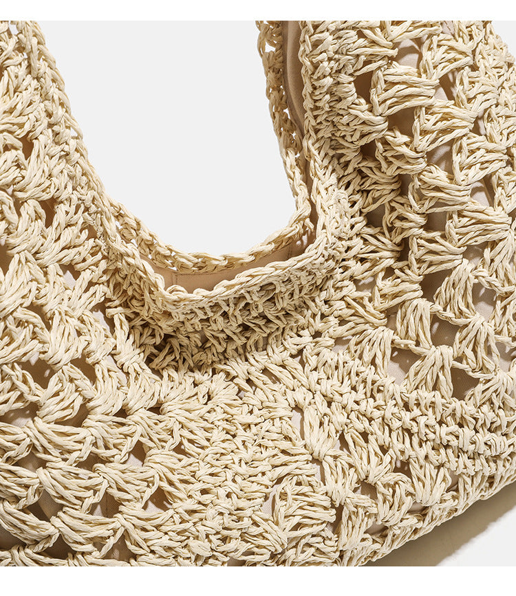 Natural ivory open-weave crochet hobo shoulder bag with tan leather-look strap and cream fabric lining, detail view 11