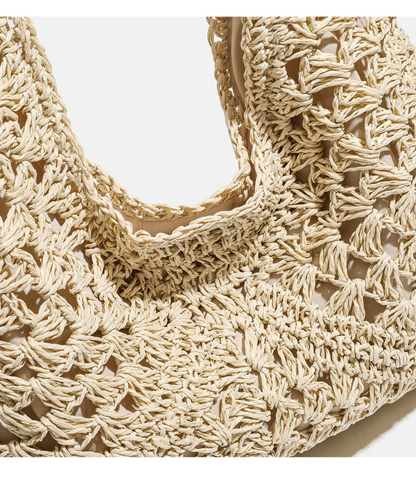 Natural ivory open-weave crochet hobo shoulder bag with tan leather-look strap and cream fabric lining, detail view 11