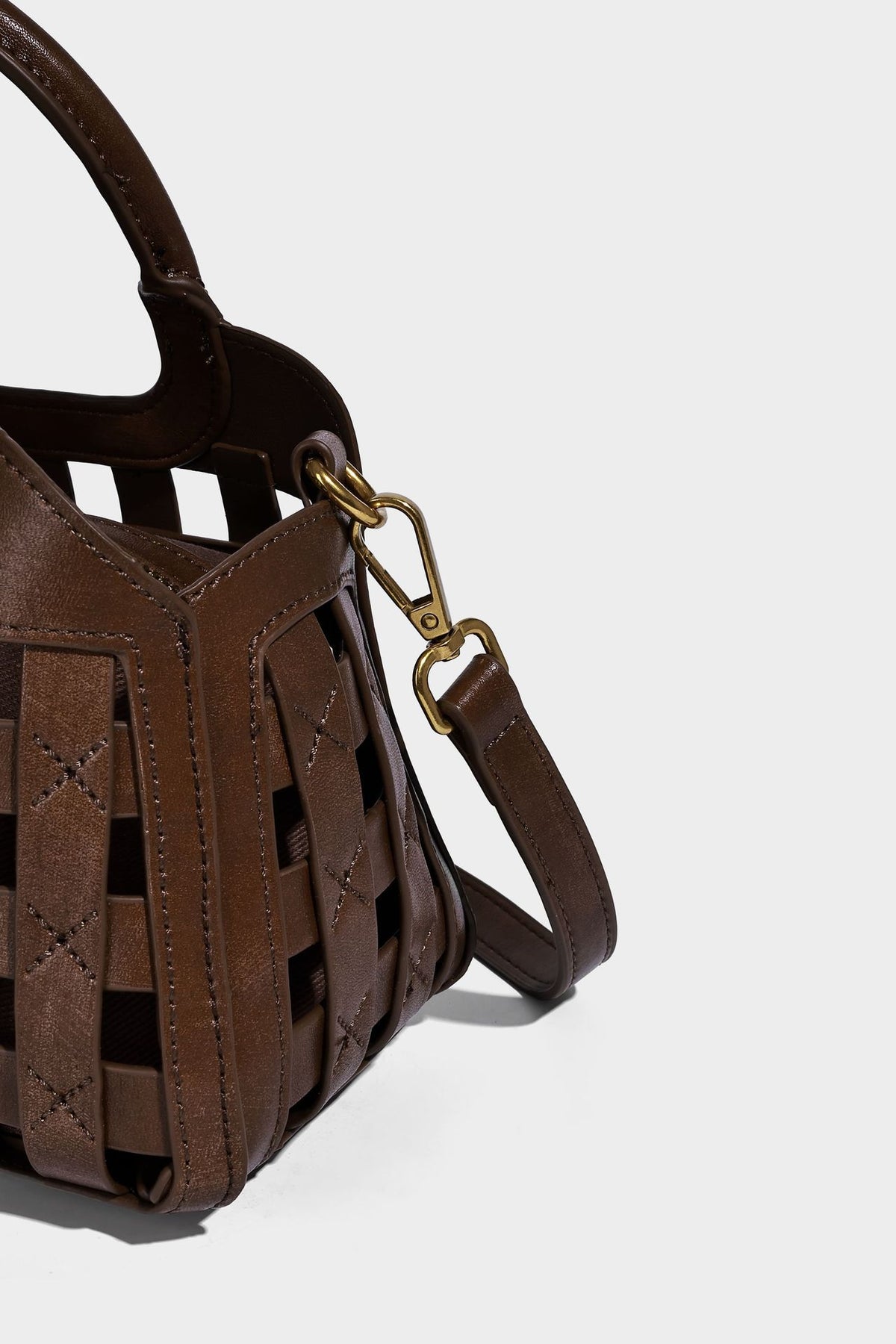 Small structured woven lattice top-handle satchel bag with bead-and-tassel charm and gold-tone hardware, detail view 22