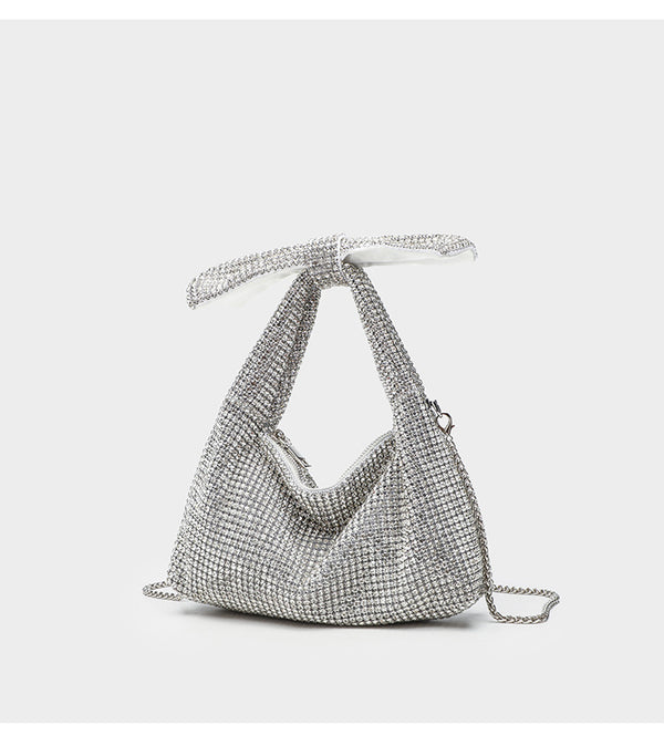 Schultertasche mit rundum besetzter Kristall-Strass-Schleife, Kettenriemen und Reißverschluss, Detailansicht 18