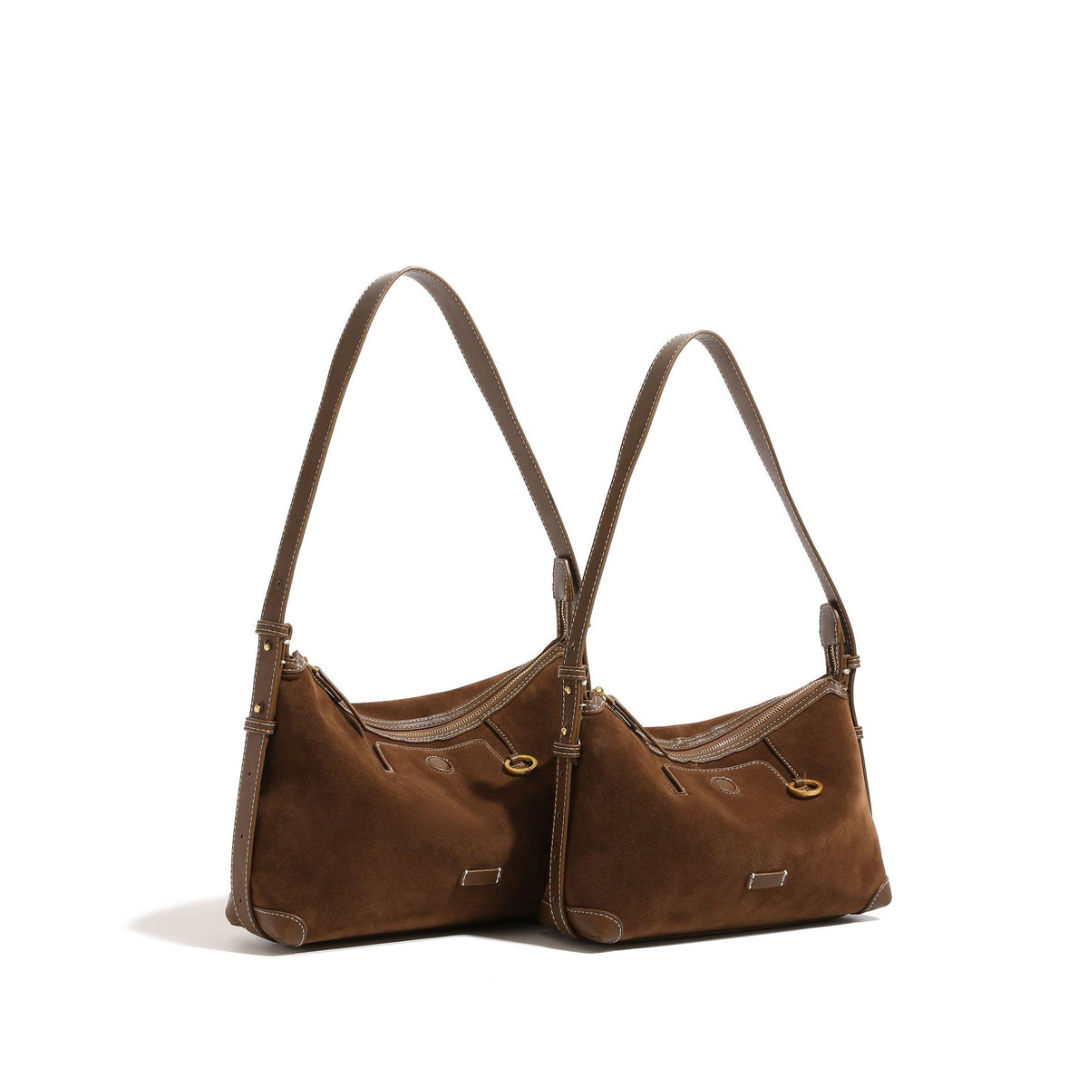 Hobo-Bag in Tabakbraun mit Velourslederoptik, Besatz in Lederoptik, Kontrastnähten, goldfarbenen Beschlägen und verstellbarem Crossbody-Riemen