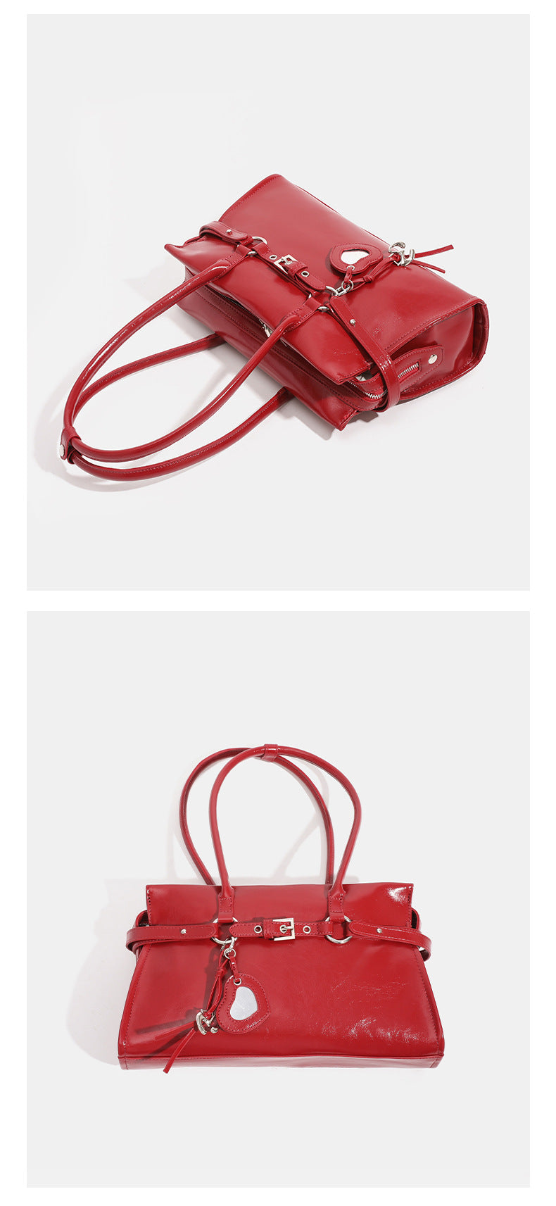 Strukturierte, glänzende trapezförmige Schultertasche mit zwei Tragegriffen, umlaufendem Riemen, silberfarbener Schnalle und hängendem