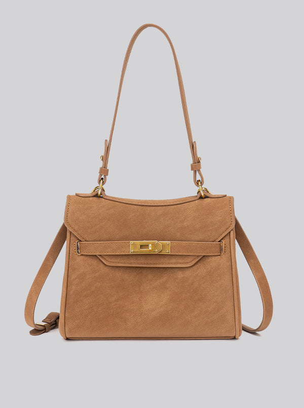 Structured dark brown flap satchel with gold-tone turn-lock hardware and detachable shoulder strap, detail view 21