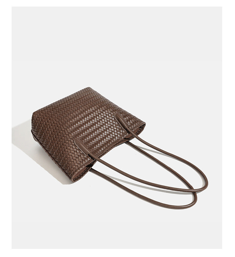 Structured woven leather-look tote bag with long shoulder straps and matching zippered pouch, detail view 13