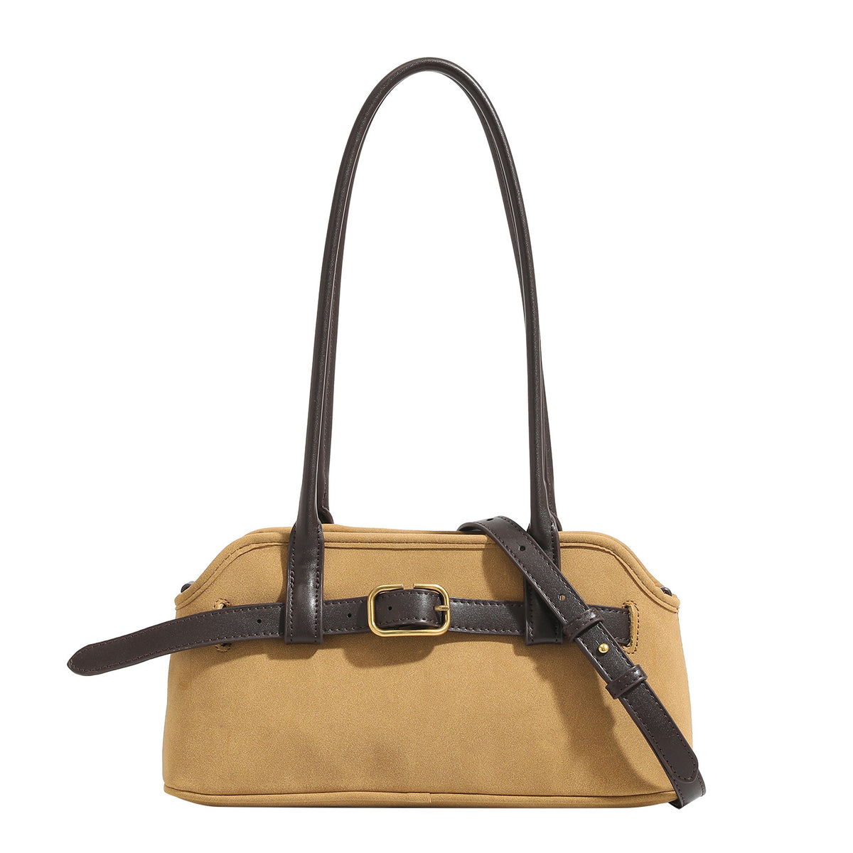 Kleine strukturierte Retro-Schultertasche mit Schnallendetail am Riemen, zwei Tragegriffen und goldfarbenen Beschlägen, Detailansicht 5
