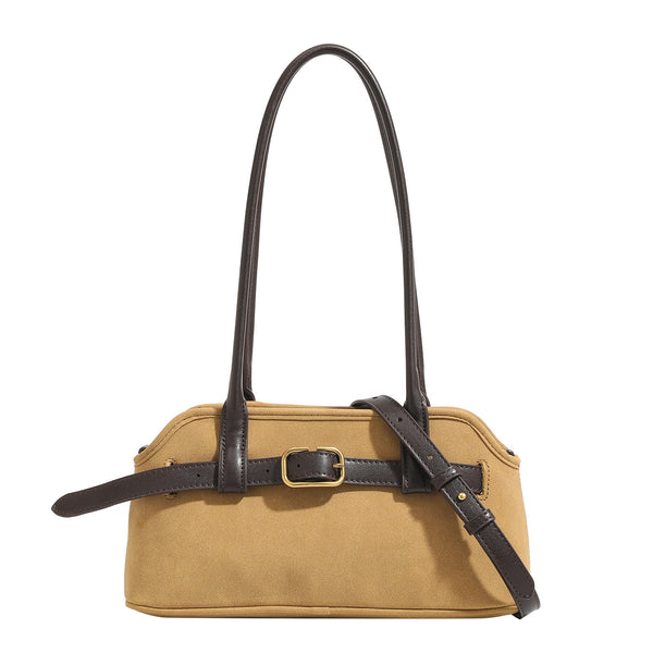 Kleine strukturierte Retro-Schultertasche mit Schnallendetail am Riemen, zwei Tragegriffen und goldfarbenen Beschlägen, Detailansicht 5