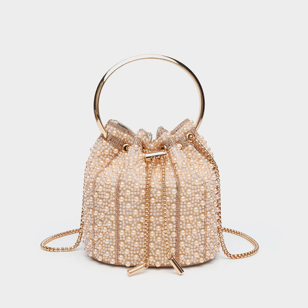 Small pearl-beaded drawstring bucket bag with silver-tone ring top handle and chain shoulder strap, detail view 2