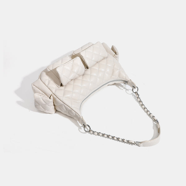 Off-white quilted leather-look hobo shoulder bag with diamond stitching, chain-and-strap handle, two front flap pockets