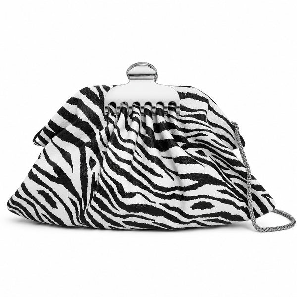 Gathered pouch clutch bag in metallic silver with polished silver-tone frame clasp and fine chain strap, detail view 14