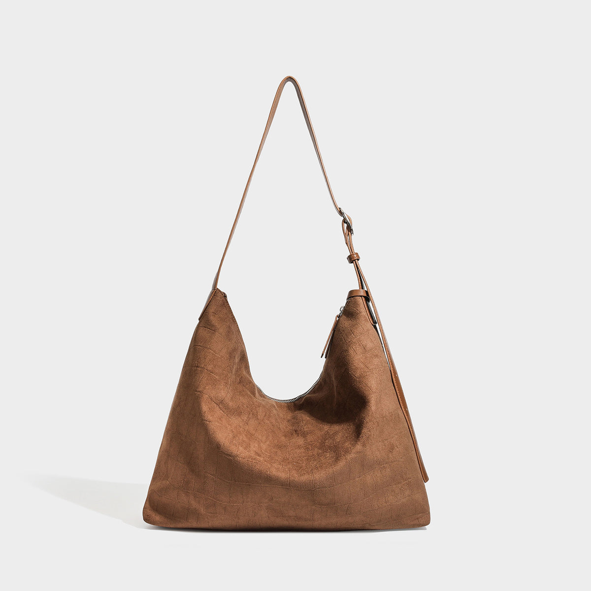 Slouchy croc-embossed matte hobo shoulder bag with adjustable strap and top zip closure, detail view 7