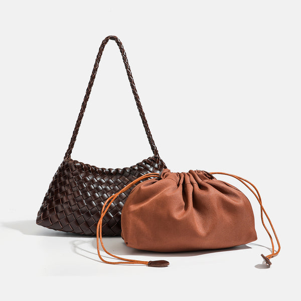 Dark brown hand-woven leather-look hobo shoulder bag with braided strap and drawstring closure, detail view 2