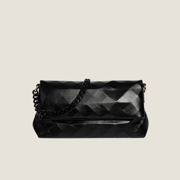 Cream white rectangular flap shoulder bag with geometric faceted surface and chunky tone-on-tone chain strap with gold-tone