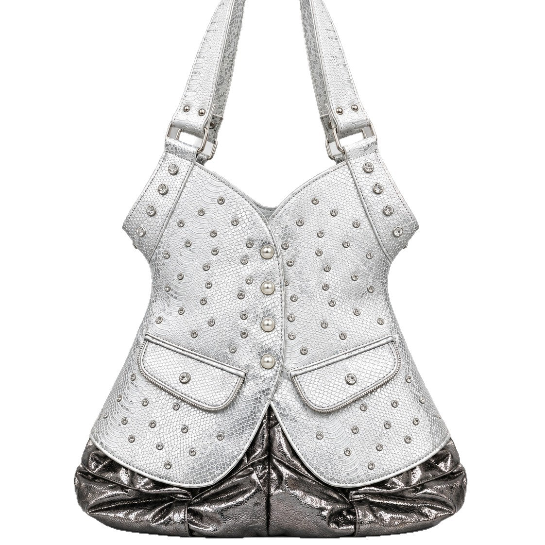 Corset-silhouette leopard-print shoulder bag with crystal and pearl-look stud hardware, front zip flap pockets, and, detail