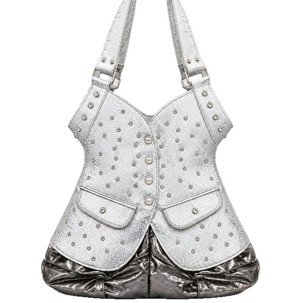 Corset-silhouette leopard-print shoulder bag with crystal and pearl-look stud hardware, front zip flap pockets, and, detail