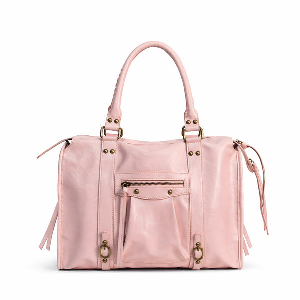 Strukturierte Doktortasche in Lederoptik mit antikgoldfarbenen Beschlägen, vorderer Reißverschlusstasche, seitlichen Quastenbändern und zwei gerollten