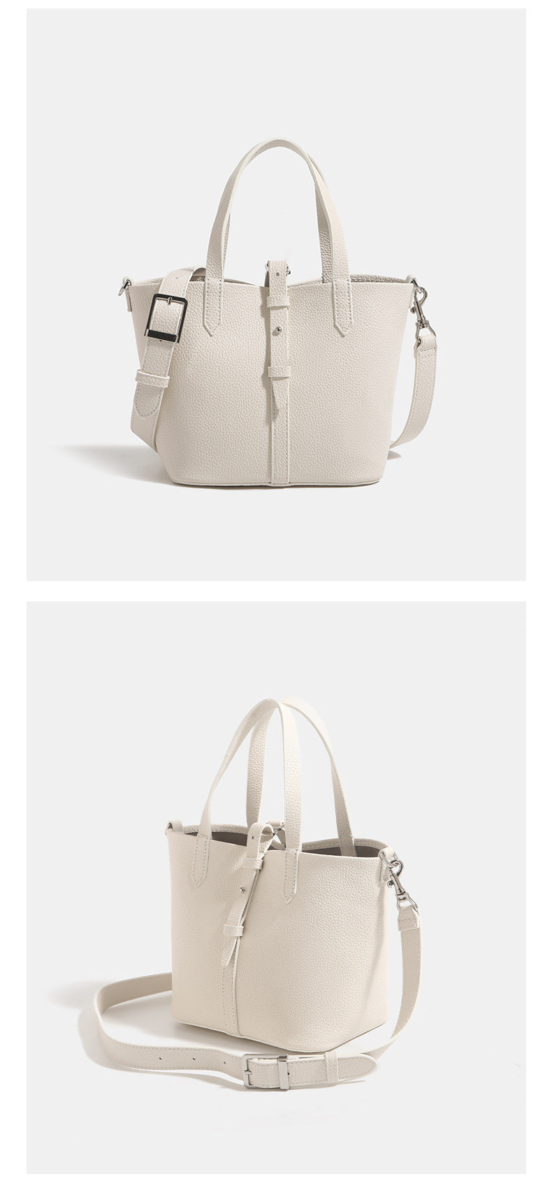 Small structured pebbled leather-look bucket tote bag with dual top handles and silver-tone hardware, detail view 12