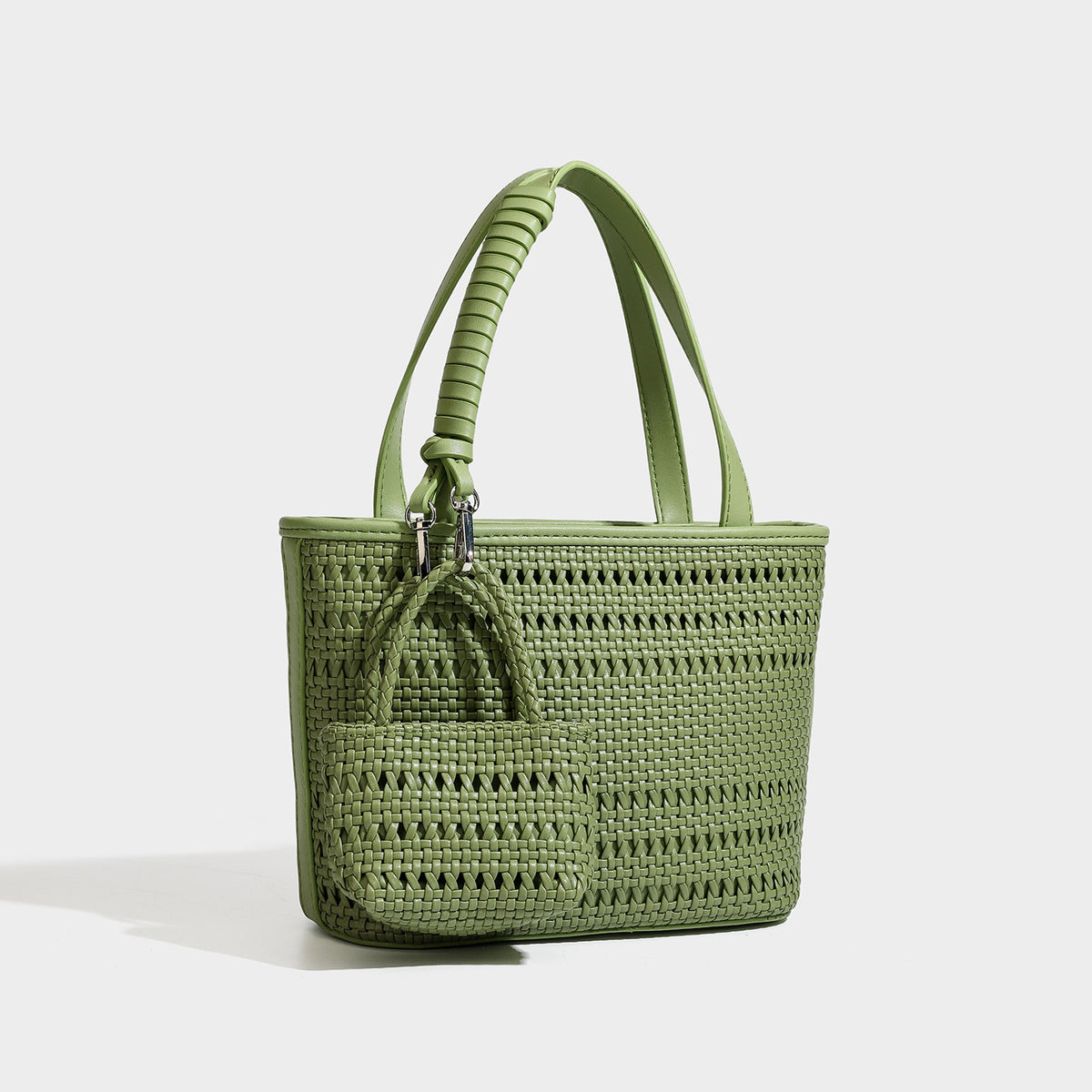 Structured open-weave tote bag with smooth leather-look trim, double top handles, detachable crossbody strap, and mini zip