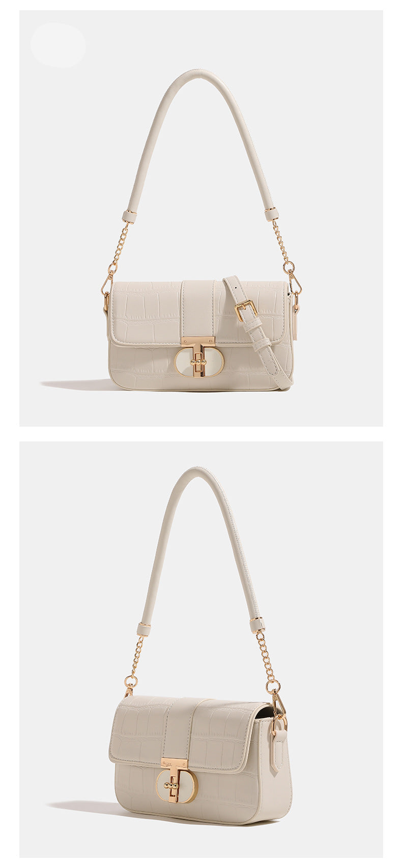 Small crocodile-embossed flap crossbody bag with circular gold turn-lock closure and chain strap, detail view 9