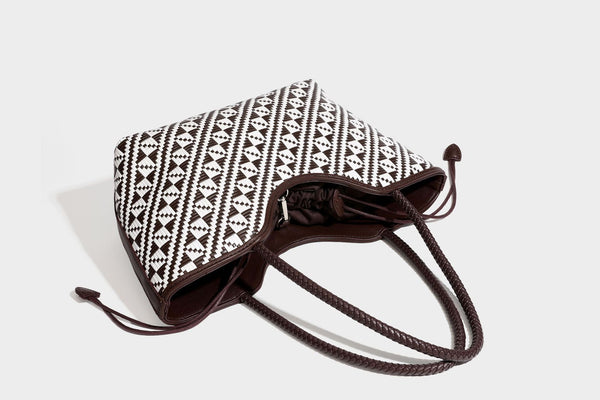 Woven geometric two-tone tote bag with braided shoulder straps and leather-look trim, detail view 44