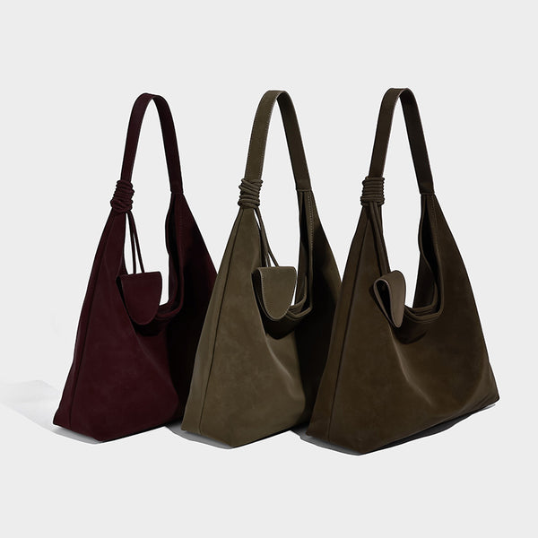 Slouchy oversized matte suede-look shoulder tote bag with knotted strap and attached front flap pouch, detail view 2