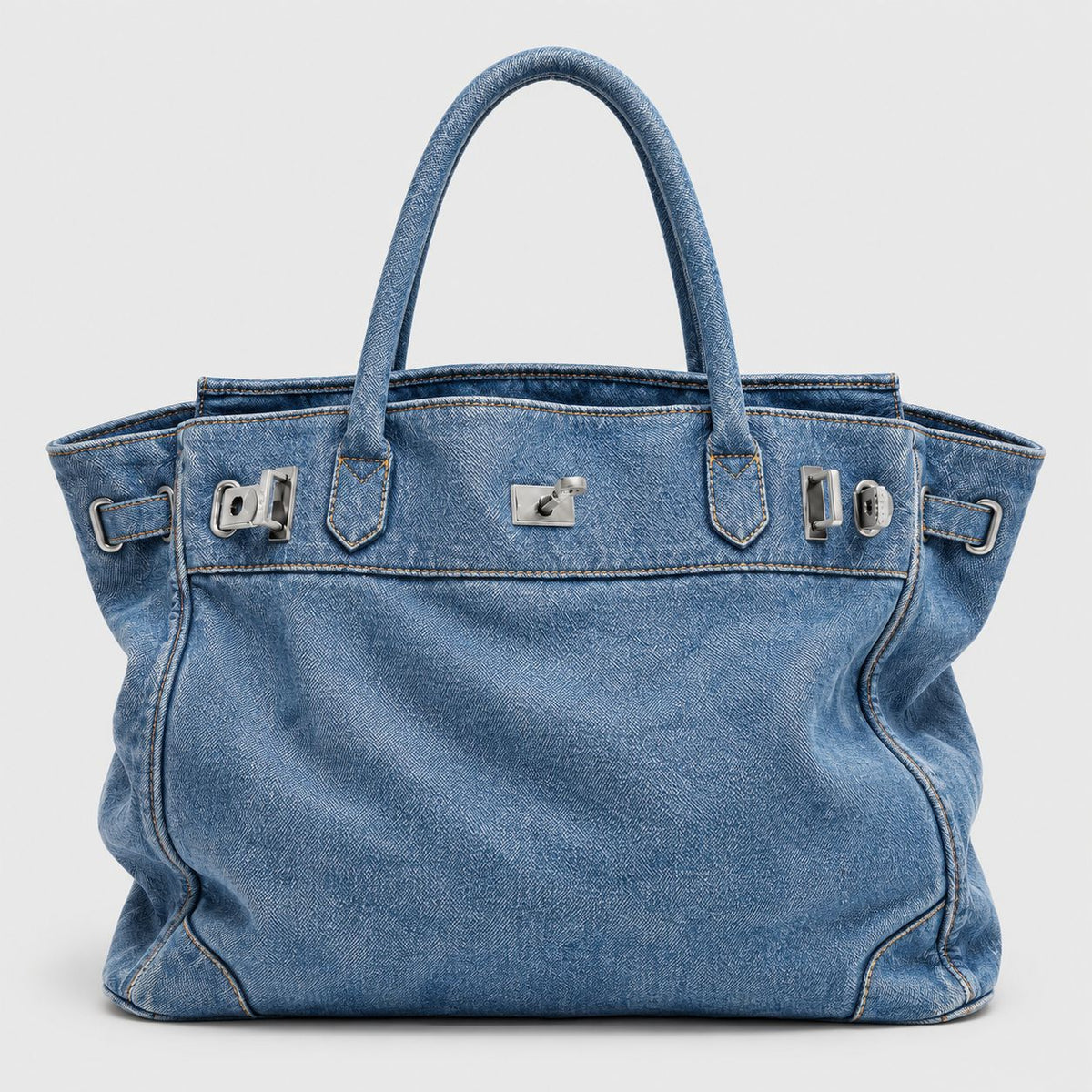 Large structured tote bag with turn-lock closure, silver-tone buckle hardware, and twin rolled handles, detail view 10