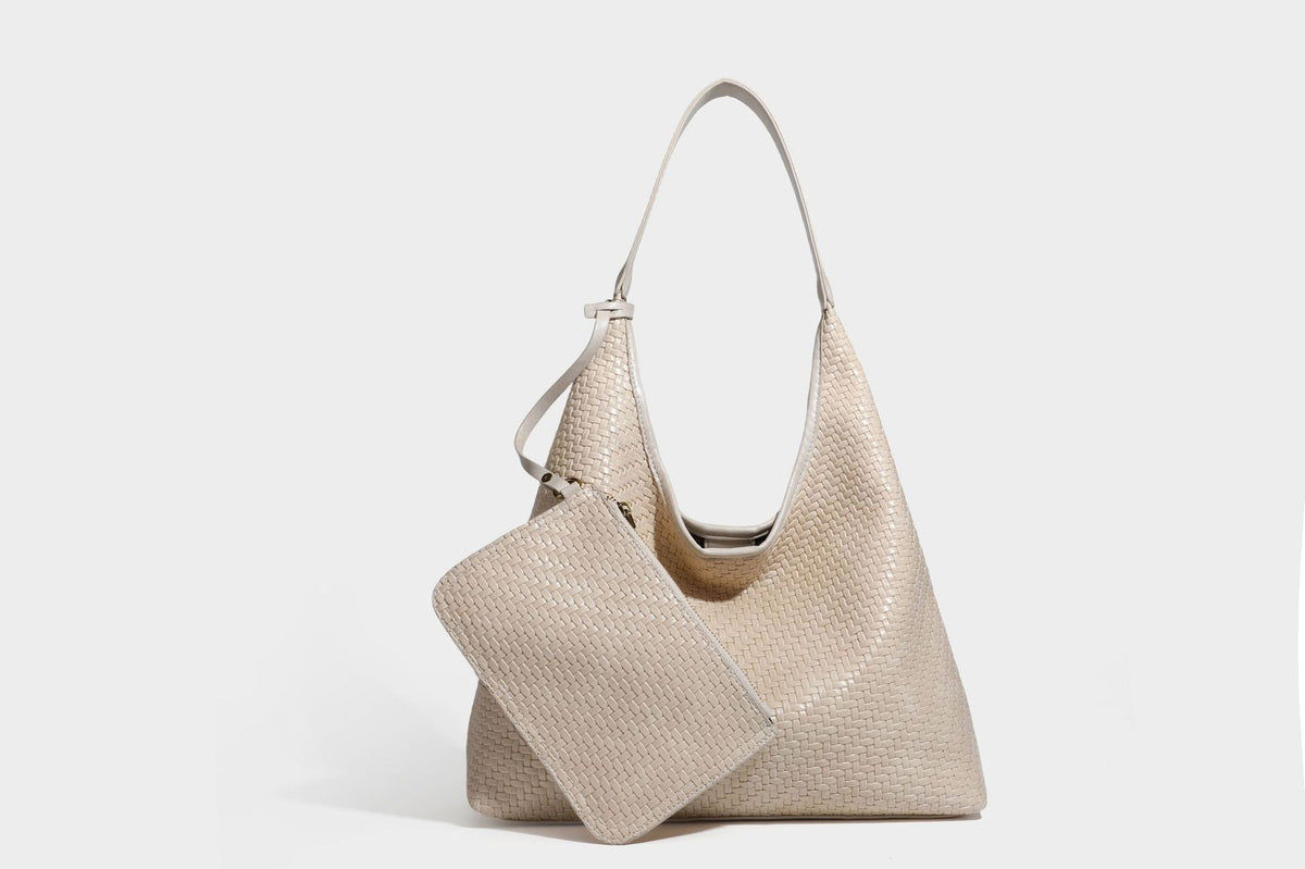 Slouchy woven leather-look hobo tote bag in brown with detachable zip pouch and gold-tone hardware, detail view 45