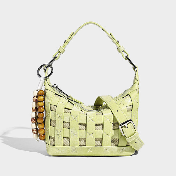 Small woven convertible shoulder bag with top zipper, silver-tone hardware, and detachable crossbody strap, detail view 9