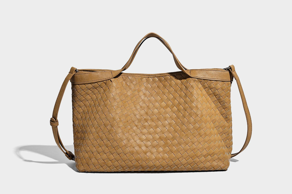 Große, formstabile Tote-Bag in Lederoptik mit gewebter Struktur und passender kleiner Tasche in Dunkelbraun, zwei Henkeln und verstellbarem