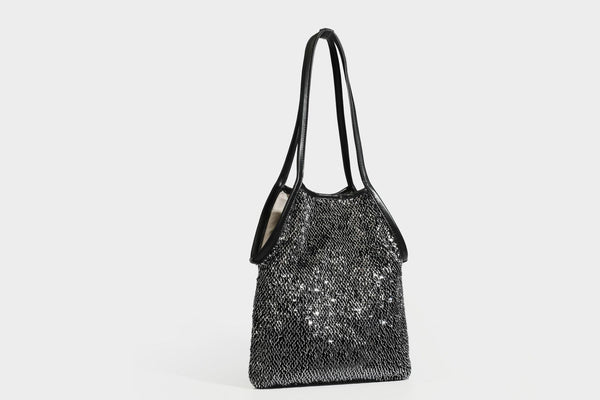 Kleine Schulter-Tote-Bag mit Pailletten, langem Metallic-Riemen und trapezförmiger Silhouette, Detailansicht 29
