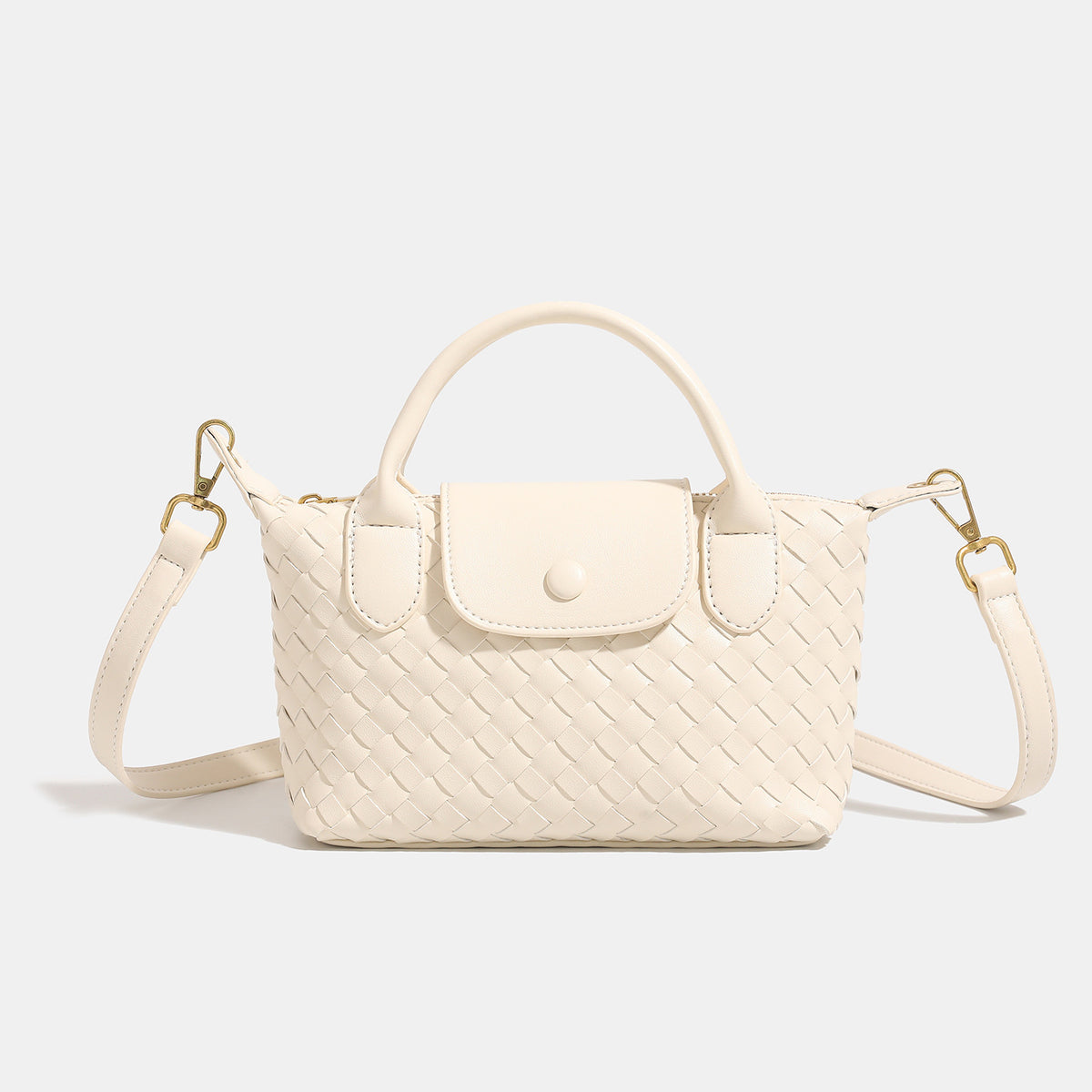 Small structured woven leather-look top-handle bag with gold-tone hardware and detachable crossbody strap, detail view 6